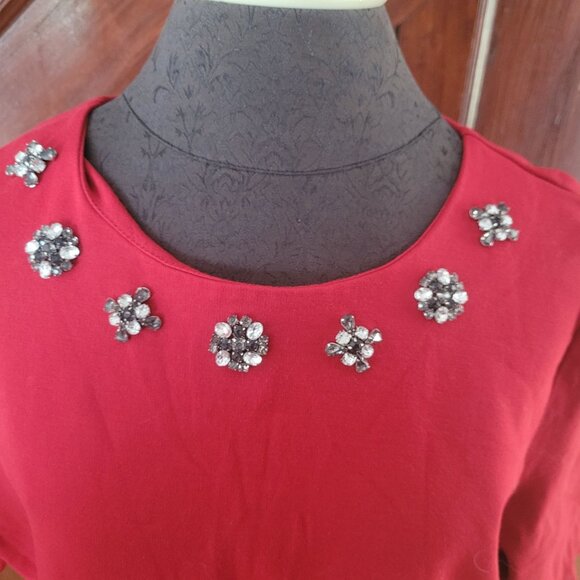 Talbots Womens Red Short-Sleeve Top With Rhinestone Embellishments & Back Zipper - Picture 3 of 9
